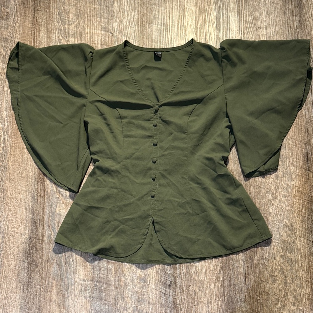 SHEIN Olive Green Flared Sleeve Blouse